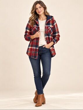 Women’s Hooded Plaid Flannel Jacket - Burgundy/Navy